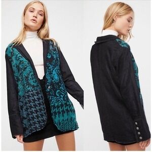 Free People Better Together Teal Black Knit Front Blazer Jacket‎ Wool Blend XS